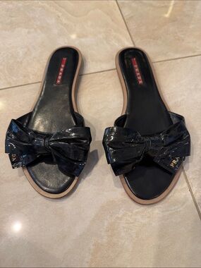 Prada Black Patent Bow Slide Sandals